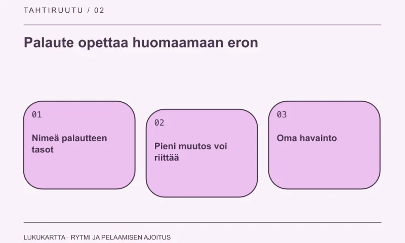 Lukukartta: Palaute opettaa huomaamaan eron. Nimeä palautteen tasot, Pieni muutos voi riittää, Oma havainto.