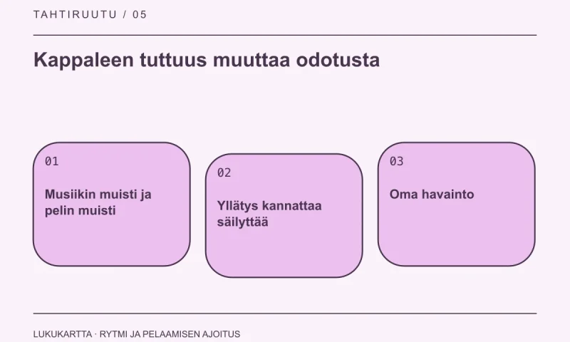 Lukukartta: Kappaleen tuttuus muuttaa odotusta. Musiikin muisti ja pelin muisti, Yllätys kannattaa säilyttää, Oma havainto.