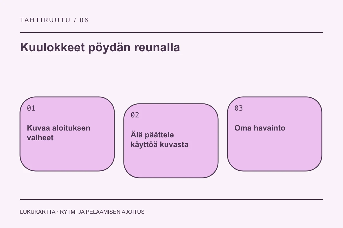 Lukukartta: Kuulokkeet pöydän reunalla. Kuvaa aloituksen vaiheet, Älä päättele käyttöä kuvasta, Oma havainto.