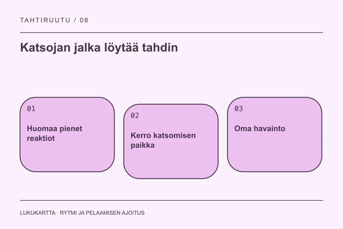 Lukukartta: Katsojan jalka löytää tahdin. Huomaa pienet reaktiot, Kerro katsomisen paikka, Oma havainto.